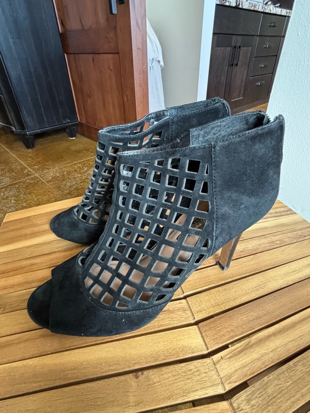 Audrey Brooke Black Suede Cage Peep-Toe Heels